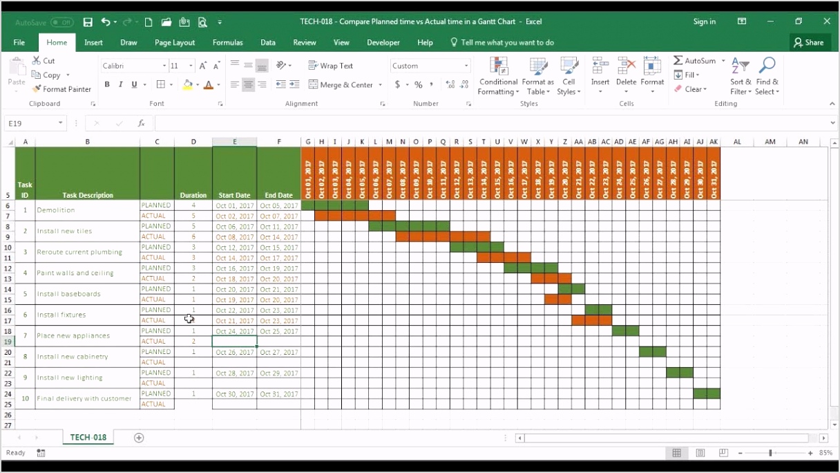 TECH 018 pare Estimated Time vs Actual Time in a Time Line Gantt Chart in Excel watch v=yKSF7nPCskI